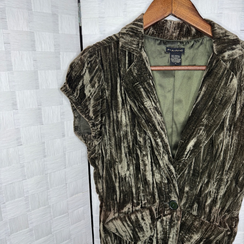 Fang Olive Green Crushed Velvet Short Sleeve Blazer Jacket Large Y2K Whimsigoth - Picture 4 of 5